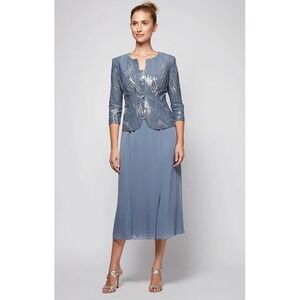 Alex Evenings Petite Angela Firework Sequin Jacket Dress 12P Steel Blue Wedding